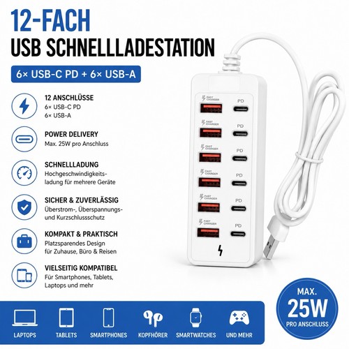 Port usb schnellladestation - 12-port,