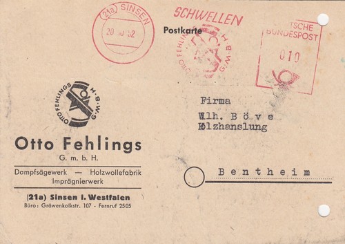 Sinsen postkarte 1952 otto - sinsen,,
