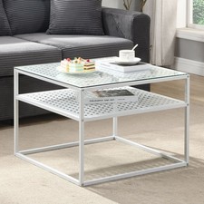 Couchtisch FineBuy Glas Metall 60 cm Quadratisch Wohnzimmertisch Ablage Weiß