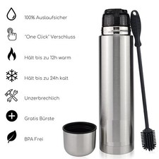 Thermosflasche aus Edelstahl mit Bürste 1L - Silber - Retourenware --