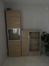 Holz Vitrine Eiche, 1 Sideboard, Vitrine mit Türen und Glastüren & Regal in SET
