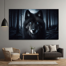 Schwarzer Wolf mit blauen Augen – Mystischer Kunstdruck | Poster & Leinwand Deko
