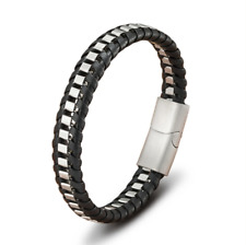 Armband Herren Leder Edelstahl Magnetverschluss Schwarz Gold Männer Modern 19-23