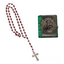 Rosenkranz Etui "Madonna mit Kind" buchförmig grün mit Mini Rosenkranz rot neu