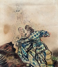 Frau vor ihrem Friseur, Pastell, alte Zeichnung, 20.Jh.