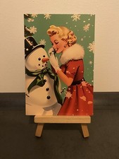 Postkarte Motivkarte, Frau mit Schneemann, Weihnachten, Retro, Kunst