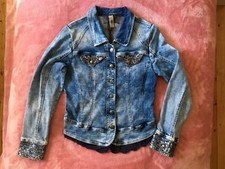 Tredy ausgefallene Jeansjacke mit Spitze und Pailletten, strech, blau, Gr. 38
