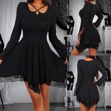 Damen Gothic Punk Partykleid Langarm Spitze Minikleid A-Linie Halloween Kleidung