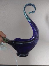 Vintage Teelichthalter „Schwan“ aus Glas, handgefertigt Blau | 21x16x110cm