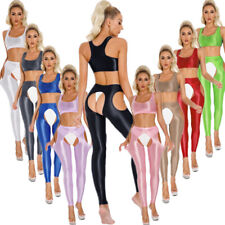 Damen Trainingsanzug Öl Glanz Crop Tops mit Sporthose Joggingsanzug Yoga Fitness