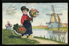 Künstler-AK Fritz Baumgarten: Hollander mit Korb und Blumen, Im Hintergrund Win 