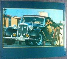 Retro Blechschild Oldtimer Mercedes Benz Cabrio mit Girl
