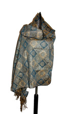 Pashmina Schal Stola Tuch Umschlagtuch Wolle Blau - Gold +Lurex Made in Indien