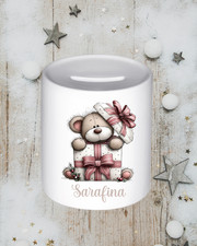 Personalisierte Spardose Weihnachten | Teddy im Geschenkpaket | Mit Namen bedruc