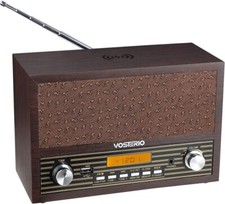 VOSTERIO Retro FM Kurzwellenradio | Radiowecker mit Kabelloser Ladestation| Holz