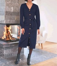 Kleid Heine Strick Kleid Midi marine blau Knopfleiste GR 46 mit 30% Wolle  NEU 