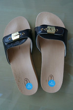 Scholl Prescura Flat  Holzsandalen Pantoletten Größe 39 Schwarz Leder - NEU -