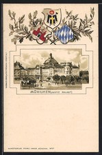 Passepartout-Lithographie München, Der Justiz-Palast, Stadt- und Landeswappen 