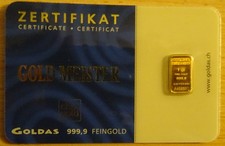 Goldbarren 1 Gramm Goldmeister mit Zertifikat versiegelt