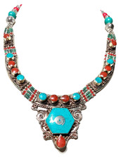 TÜRKIS, KORALLE  EDELSTEIN 925 STERLINGSILBER  TIBETISCHE SCHMUCK Halskette,