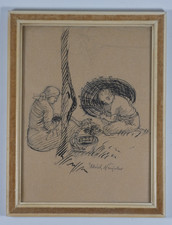 Zeichnung Tusche Ulrich Neujahr (1898-1977) Flechter Korb Sonnenschirm signiert