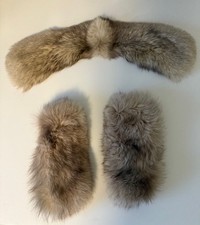 Echtfell-Set Fuchs–Kragen/Schal + Stulpen–naturgrau, Vintage Luxus Pelz, elegant