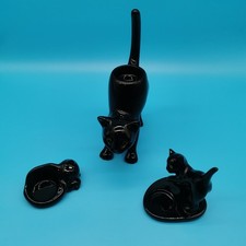 PartyLite Kerzenhalter schwarze Katze 3er Set Keramik Halloween Gothic Deko Windlicht