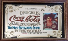 großer Coca Cola Spiegel Bild Holzrahmen ca. 32,5 x 22,5 cm Retro  70er Jahre