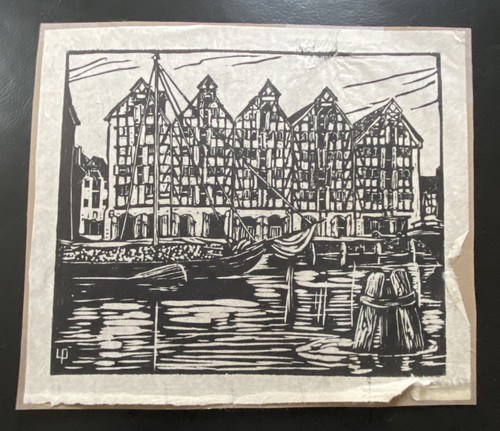 Linolschnitt hafen mit - linolschnitt,