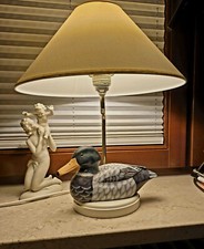 Messing Tischlampe mit Holz und Handbemalter Wildente - 70er Jahre, Boho-Stil