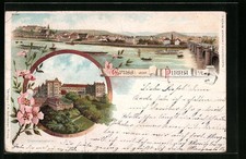 Lithographie Pirna /Elbe, Sonnenstein, Totalansicht von der Elbe 1897 