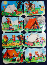 Glanzbilder, Oblaten,  Bogen Nr. 98-103  von Krüger "Ferien Kinder Zelt" Vintage