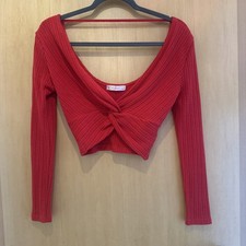 Top Crop Bauchfrei Rot Strick V Ausschnitt sexy Longsleeve Oberteil