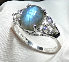Ring 925 Silber Gr 18,4 (58) fac Bergkristall, Labradorit mit Blau UNIKAT NEU