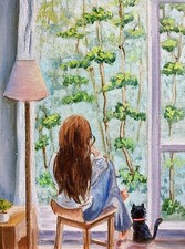 Mädchen und Katze Ölmalerei