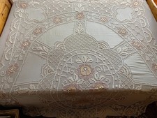 Antik Filetspitze Tischdecke 260 x 175 Weiß Baumwolle Spitze Landhaus Wundervoll