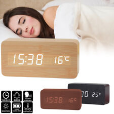 LED Digital Wecker Tischuhr Holz Uhr Beleuchtet Nacht Thermometer Snooze Alarm
