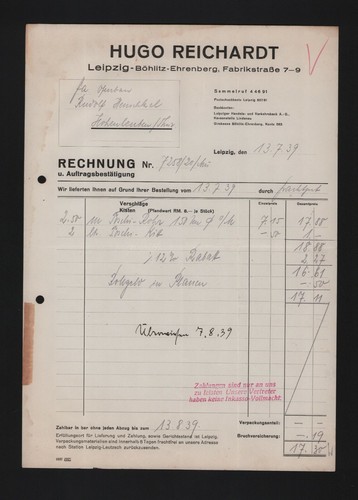 Leipzig rechnung 1939 - rechnung, hugo