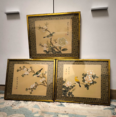 Gerahmtes bild vogel blumen - 3x, vogel/blumen