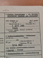 Orig. Papier Brief für 1949 NSU Quick 1949 2,2ps 100ccm ENTWERTET   K61