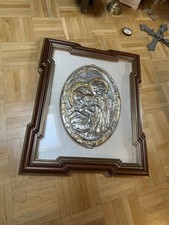 Schönes altes ovales  Relief im Holz Rahmen Glas Heiligen Bild Heilige Familie