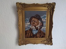 Handgesticktes Kunst bild Wandbild Alter Seemann – gerahmt Retro Stickbild Mann