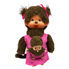 Monchhichi Monchichi mit Baby Plüschfigur Stofftier 20cm Braun Pink Kleid Trage