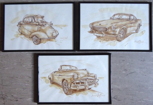 Drei aquarelle oldtimer autos - aquarelle,