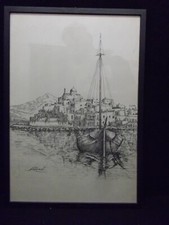 Kunstdruck / Bilderrahmen, 51x36,5cm, Sketch-Zeichnung, SCHIFF IM HAFEN. #B-365