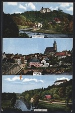 AK Penig, Ortsansicht mit Kirche u. Brücke, Ortsansichten Wolkenburg u. Rochsbu 
