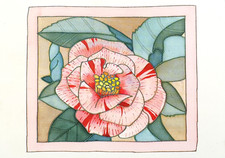 Nostalgische Motivkarte, Kamelie, 1970er, Aquarell auf Seide, Ute Patel-Mißfeldt