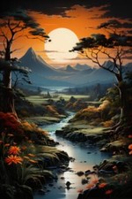 Wandbild: Wunderschöne Landschaft mit Berg und Fluss bei Sonnenuntergang, [...]