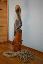 XXL Pelikan Skulptur Massiv Holz Maritime Deko H85cm Pelikan auf Dalben + Tau US