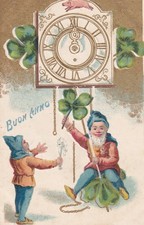 Zwerge Riesen-Uhr Glücksklee PrägeAK alt Prosit Neujahr Buon Anno Dwarfs 2510113